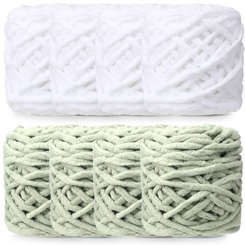 Image of Buryeah 8 Pack Chunky Chenille Yarn for Crocheting Soft Thick Fluffy Yarn for Hand Knitting Bulky Velvet Blanket Plush for Weaving DIY Crafts Each 3.5 oz 55 Yards (White,Green)
