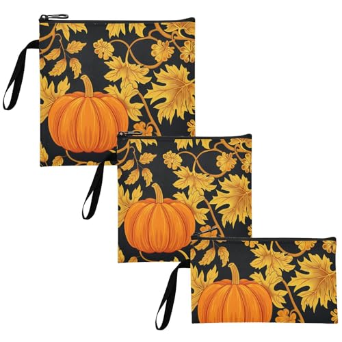 Autumn Pumpkin Gold Black 3-Pack Reusable Travel Snack Bags Portable Food Storage Bags for Camp Friends and Gear
