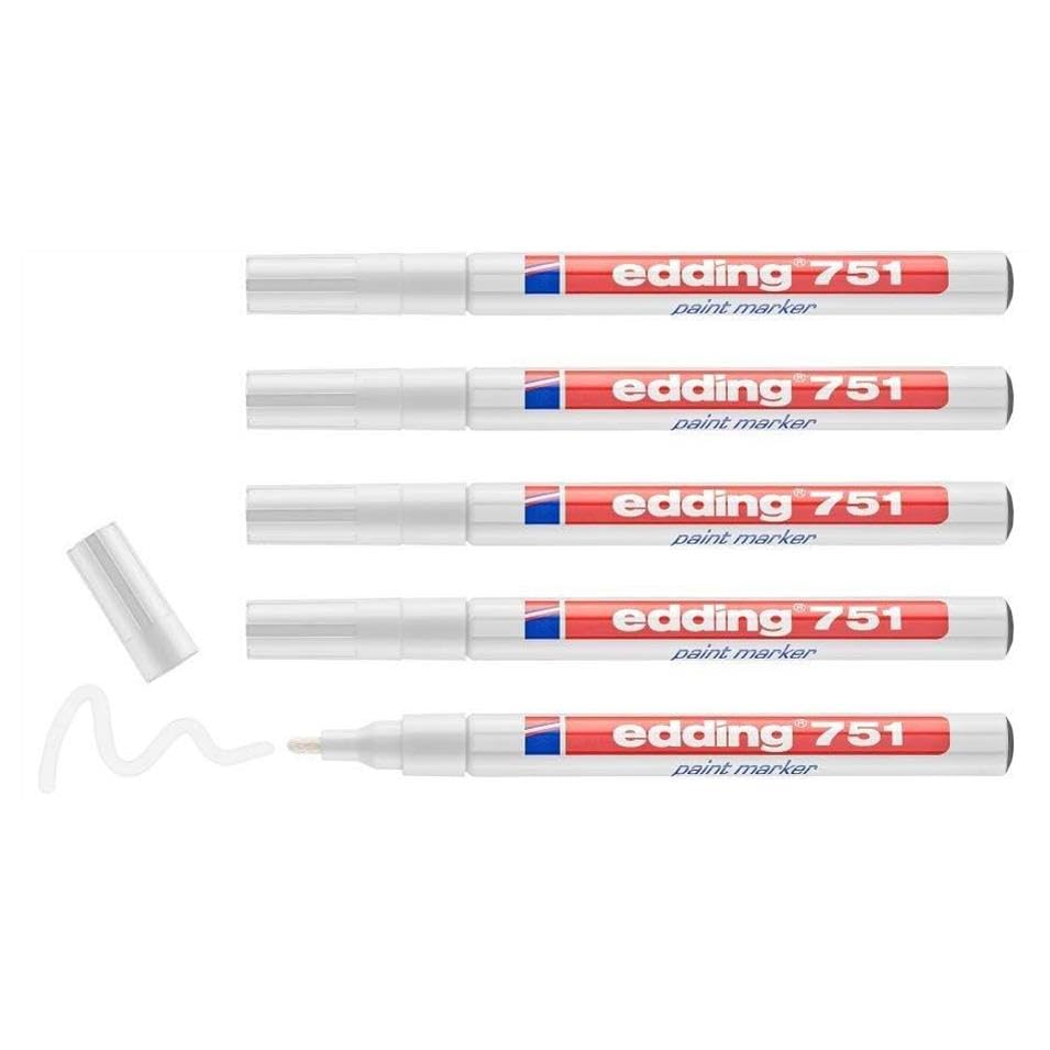 Edding 751 - Rotuladores de pintura (5 unidades, punta redonda, 1 – 2 mm), color blanco