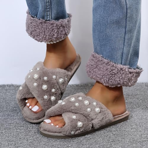 Open Toe Slippers for Women, Women's Fuzzy Slippers Cross Band Memory Foam House Shoes Cozy Warm Plush Fluffy Slipper Indoor and Outdoor3