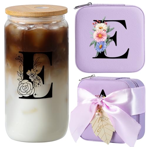 AYGXU Travel Jewelry Cases Organizer,Travel Essentials,Travel Gifts for Women Girls,16oz glass cup with bamboo lid and straw,aesthetic glass cup,Cute Tumbler Cup,Teacher Gifts,Initial E purple