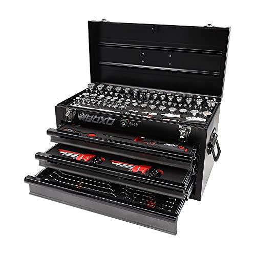 BOXO USA Heavy Duty Toolbox 159 pcs Metric & SAE Locking Tool Set with 3 Drawers Hand Carry Box (Black)