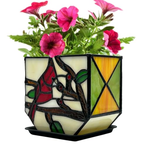 Entlityful Stained Glass Cardinal Bird Indoor Planter Pot, Decorative Flower