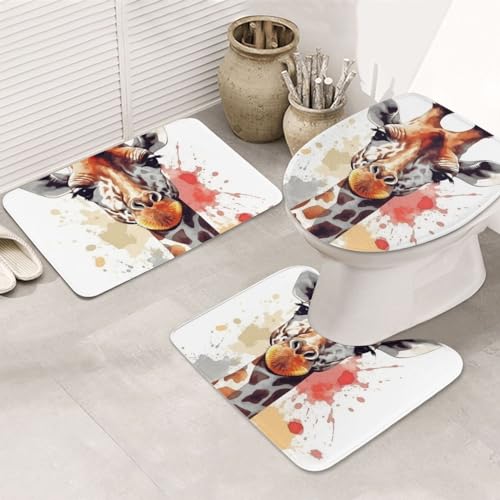 Dwrepo Stylish Animal Watercolor Giraffe Print Bathroom Rug Set 3 Piece with Non-Slip U-Shaped Contour Mat and Toilet Lid Cover for Bathroom Decoration