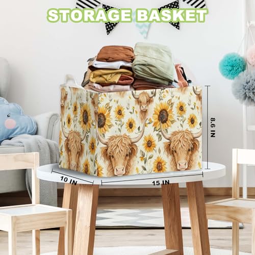 Image of Sunflower Highland Cow Storage Basket, Highland Cow Nursery Decor, Closet Shelf Organizer Baskets for Nursery Decor, Bathroom, Bedroom, Large Squarecanvas Laundry Hamper With Foldable