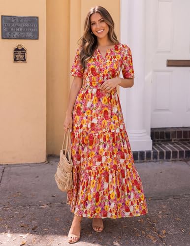 Image of ZESICA Women's 2026 Summer Spring Floral Boho Maxi Dresses Casual Short Sleeve V Neck A Line Flowy Beach Vacation Dress