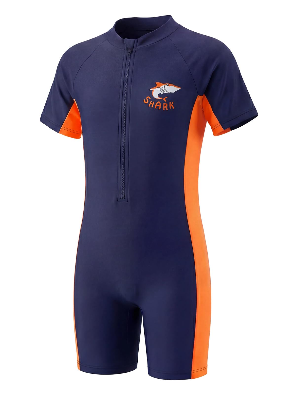 JiAmy Traje de baño todo en uno para niños, traje de baño de una pieza con bloques de color para niños, manga corta, protección solar, cremallera frontal, ropa de natación para niños de 3 a 12 años