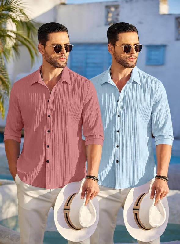 Image of FINIVO FASHION Men's Cotton Blend Shirt Set Lightweight, Full Sleeves, Plain Texture, Button Closure, Summer Ready (Pack of 2)