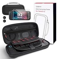 CoBak Tragetasche mit großem Fassungsvermögen für Nintendo Switch 2 (2025) – 3-in-1 Zubehörset mit 2 schutzglas, 2 Daumengriff, und 1 tragbaren Hartschalen-Reiseetui Aufbewahrung, Schwarz