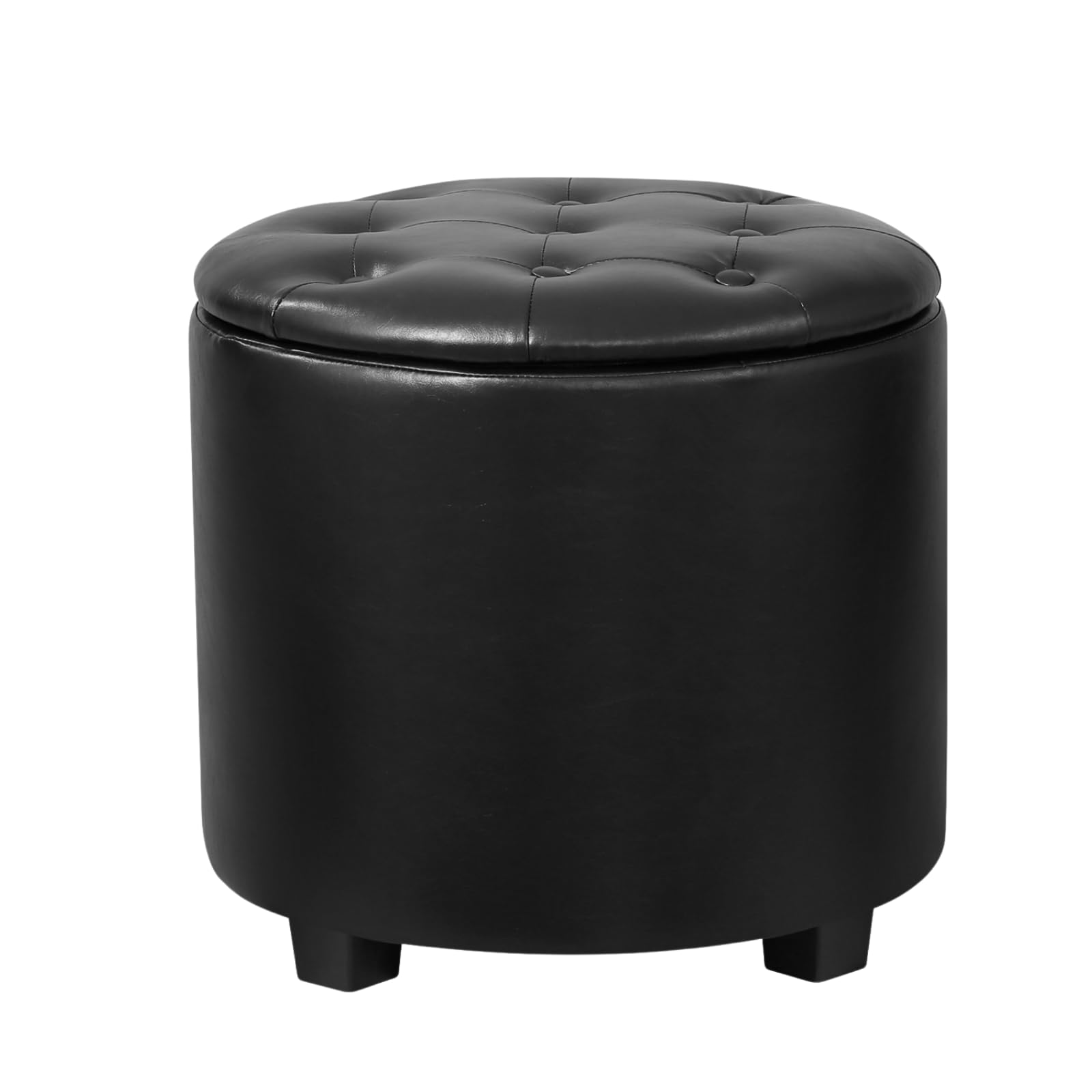 Adeco Round Tufted Storage Ottoman, 17" Faux Leather Footrest Stool with Wood-Look Legs for Living Room & Bedroom, Modern Accent Furniture, Black