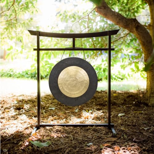 16' Gongs on Sacred Space Outdoor Stand - Includes Gong, Mallet, & Stand/Japanese Tori Gate Design/Traditional Chinese Bronze/For Meditation in Outdoor Spaces
