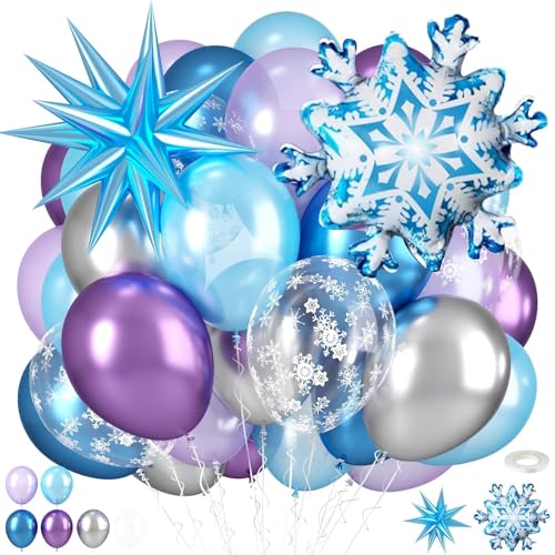 Frozen Balloons Blue Silver Purple Clear Balloons with Snowflake Balloon for Winter Frozen Birthday Snow Party Baby Shower Wedding Backdrop Decorations