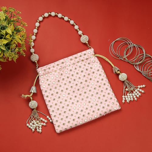 Image of LONGING TO BUY Indian Embroidered Pearl Potli Bag For Women, Sequence Design with Tassel, Wedding Potli Bags