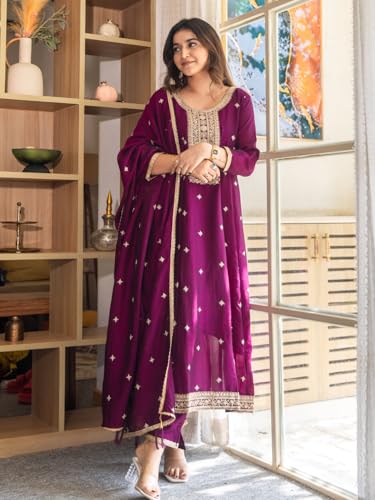 Image of VredeVogel Women's Silk Blend Embroidered Anarkali Kurta with Pant & Dupatta Set | Festive & Casual Women Ethnic Kurta Set for Women