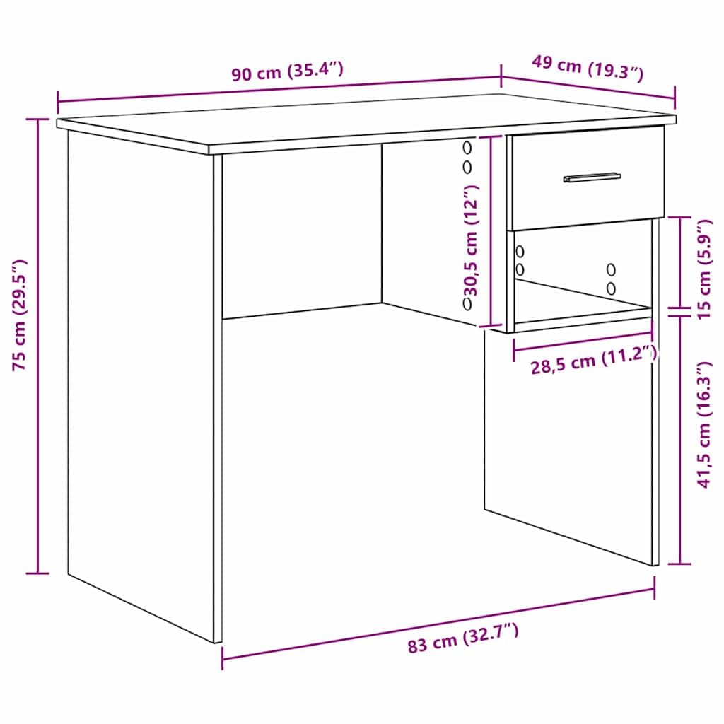 Scrivania nera effetto quercia in legno, 90 x 49 x 75 cm, con cassetto e mensola, scrivania per computer, postazione di lavoro per ufficio, casa, studio, spazio di archiviazione, ergonomica