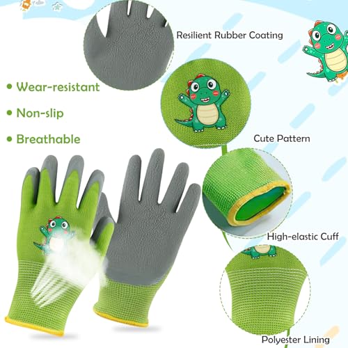 Image of Kids Gardening Gloves, Rubber Coated Non-Slip Yard Work Gloves for Boys & Girls, Protective Garden Gloves for Digging, Outdoor Play, Field Trips (Ages 5-10) (Green)