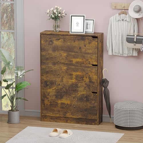 Image of BORNOON Shoe Cabinet with 3 Flip Drawers, Hidden Wood Shoe Cabinet,Freestanding Shoe Storage Cabinet for Entryway Hallway