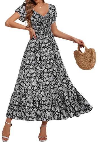 Image of Summer Smocked Boho Maxi Dress for Women 2026 Short Sleeve Floral Smocked Flowy Ruffled Beach Vacation Dresses Lightweight