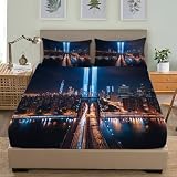 Vista Del Puente de Brooklyn Suave Transpirable Juego de Sábana Ajustable 200x200cm Hipoalergénica Juego de Ropa de Cama Vista Nocturna de La Ciudad Cómoda Cama de Matrimonio 3 Piezas Sábana Ajustable