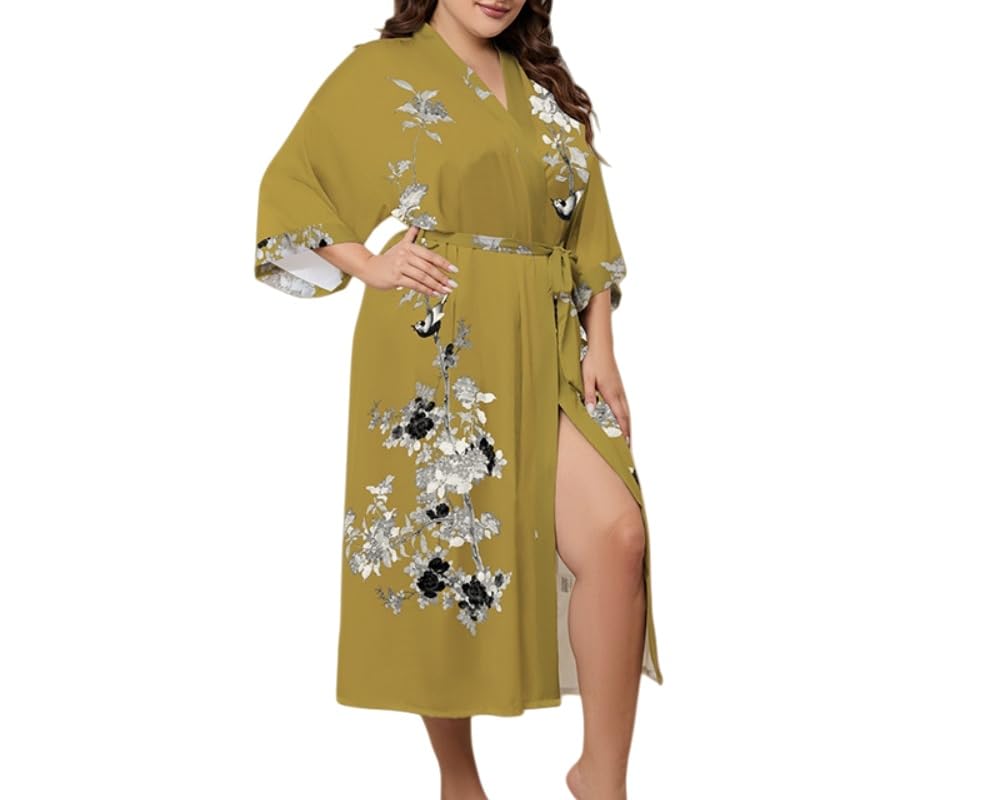 Genérico Bata de Satén de Lujo para Mujer,Estilo Albornoces Kimono con Estampado Floral Gris,Camisón de Novia y Dama de Honor con Cuello en V,Suave,Talla Grande,Largo.