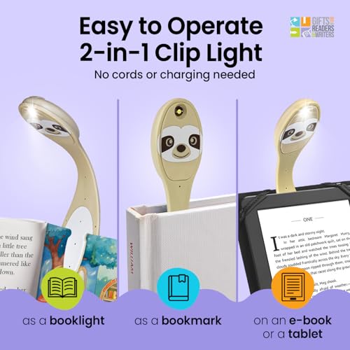 Image of Gifts for Readers & Writers Book Light, Clip On Reading Light for Bed, 2in1 Flexilight & Bookmark, Small & Lightweight with a Soft Glow, 2 Batteries Included, Sloth