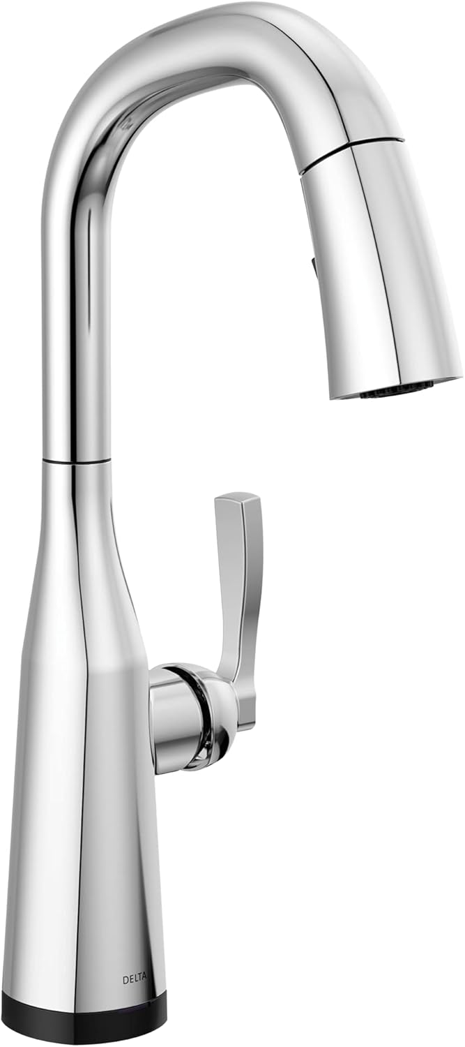 Delta Stryke Chrome Touch Bar Faucet with Pull Down Sprayer, Modern Single Hole Touch On Prep Sink Faucet, Single Handle, Lumicoat Chrome 9976T-PR-DST