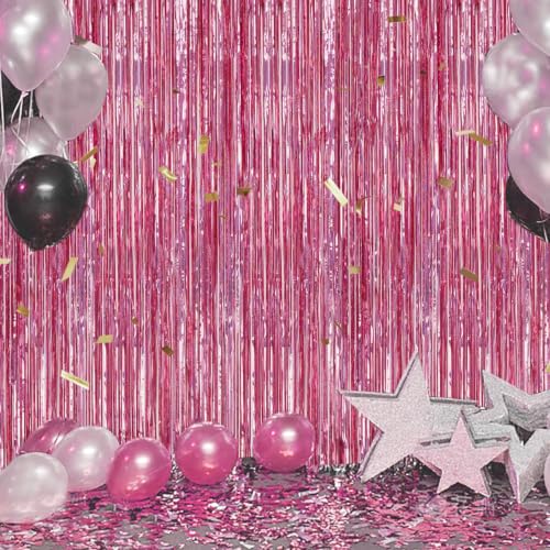 Image of DECOCKRAT 2 Pack Foil Fringe Backdrop - Laser Pink Shiny Tinsel Curtains for Party Decoration /Photo Booth Props - 3.3x6.6 FT Metallic Foil Backdrop for Birthday, Wedding, Graduation, Christmas.