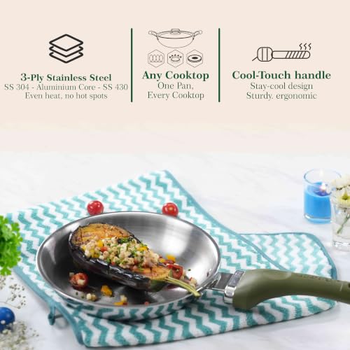 Image of The Chef Story Haptik Triply Stainless Steel Fry Pan with SS Lid | 22cm | SS304 Inner | TUV Rheinland & BIS Certified | Easy-Clean | Gas & Induction Compatible | Silver | 5-Year Warranty