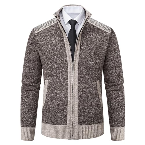 Mens Sweater Cardigan Full Zip Up Stand Collar Cable Knitted Fall Sweaters Warm Long Sleeve Cardigans with Pockets