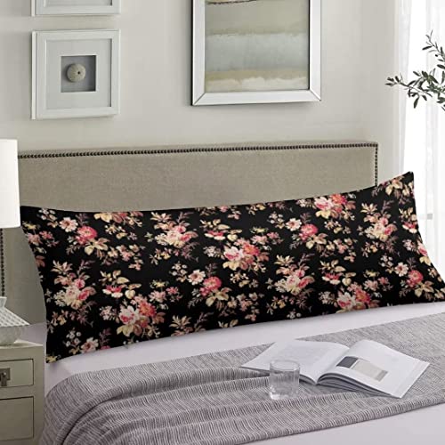 Vintage Floral Body Pillow Cover Boho Tropical Summer Florals Garden Pink Botanical Flowers Long Pillow Case Protector With Zipper Decorative Large Pillowcases Cushoned For Bed,Couch 20"X54",Black #TOP2