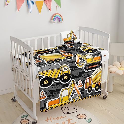 Image of Crib Bedding Set, 3pc Nursery Crib Bedding with Comforter, Sheet & Skirt, Excavator Truck Printed for Baby Boys & Girls (Grey)