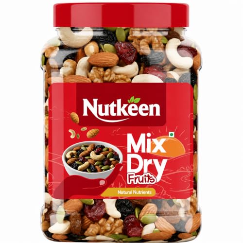 Image of Nutkeen Healthy Nutmix, Dried Almonds, Black Raisins, Cashewnuts, Cranberries, Black Dates, Cherries & Dried Amla| & Many More. (Pack of Jar) (500GM (pack of 1))