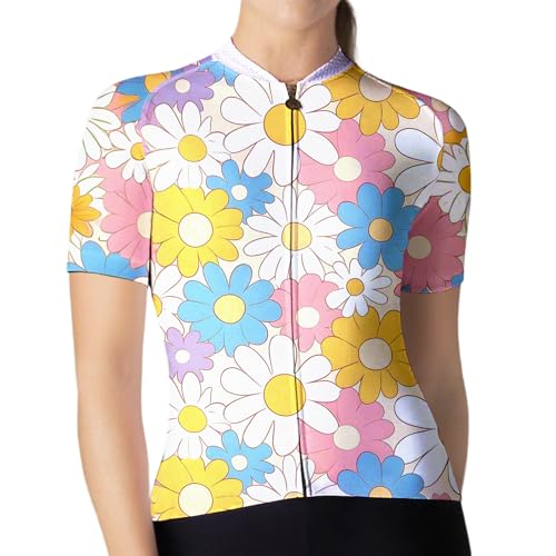 Camiseta de ciclismo floral para mujer, manga corta, secado rápido, ropa de ciclismo de verano, para excursiones deportivas, Flores multicolor rojas, amarillas y azules, 4XL