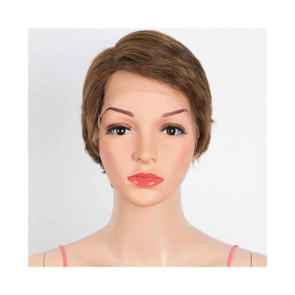 Perücken mit ordentlichem Pony für Frauen Gerade Pixie Cut Perücke Echthaar Perücken 13x6x1 Transparent Lace Front Kurze Perücke wellig lockig(Bruin)