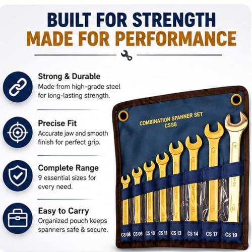 Image of Combination Spanner Set 8 Pieces | Carbon Steel Double Open & Ring Spanner Set | Chrome Plated Hand Tool for Automotive Repair, Industrial Maintenance, Mechanical Workshop & Home Use