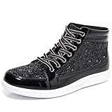 Trsorini Mens Glitter Sparkly Shoes Bling Sequin Lace Boots Fashion Sneakers High Top Casual Shiny Shoes Black 10