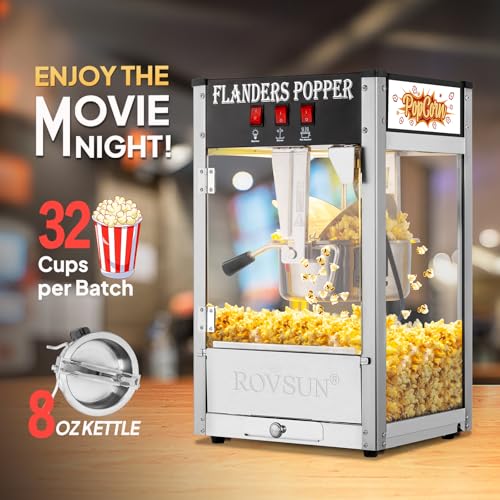 Image of ROVSUN Popcorn Machine with 8 Ounce Kettle Makes Up to 32 Cups ETL Certified, Countertop Popcorn Maker Commercial Popcorn Machine Movie Theater Style w /Scoop, Oil Spoon & 3 Popcorn Cups, Black