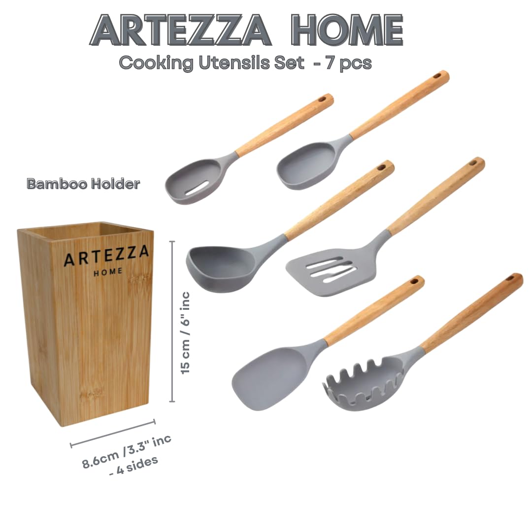 Premium Silikon Küchenhelfer Set - 7-teiliges Kochutensilien mit Akazienholzgriffen und Bambushalter, antihaftbeschichtet, hitzebeständig, BPA-frei, elegantes Küchengeschenk (Grau -7 Stück)