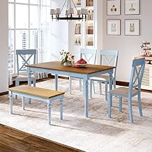 KLMM Eye-catching Green Dining Room Set, 6 Piece Kitchen Dining Table Set w/ 4 Cross Back Padded Chairs and Bench, 6-Person Configuration for Family Use