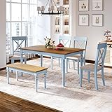 XD Designs 6 Piece Dining Table Set w/ 4 Padded Dining Chairs and Bench, Rustic Farmhouse Wood...