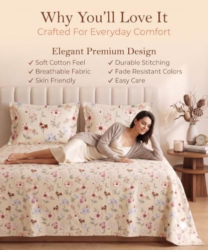 Image of VAS COLLECTIONS Premium 240 TC Cotton Double Bedsheet Set with 2 Pillow Covers | Breathable Floral Print Bedding | Fade Resistant | 228 x 254 cm, Blush & Periwinkle Floral, Double Flat (90x100) Blush