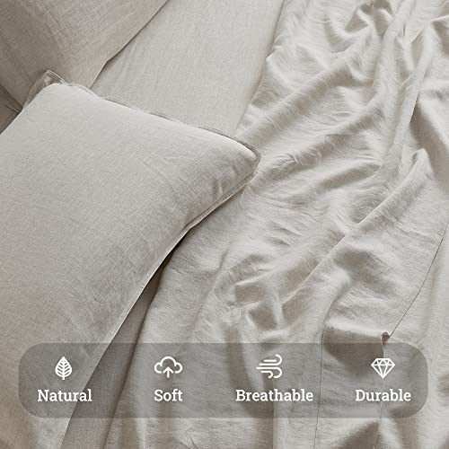 Giorcis 100% Linen Sheet Set - Stone Washed Pure Natural French Flax Bedding 16" Deep Pocket Soft Breathable Durable 4Pcs Set- 1 Flat Sheet, 1 Fitted Sheet, 2 Pillowcases (Natural Linen, Queen) #TOP2