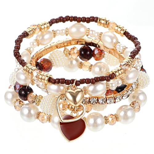 5PCS Bohemian Stackable Beaded Bracelet Set, Brown Handmade Bracelet Heart Faux Pearl Charm Bracelets Stretch Jewelry for Women Friendship Holiday Beach Gifts