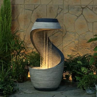 Sunlinua 37" Tall S-Shaped Outdoor Waterfall Fountain – Rainfall Water Fountain for Garden, Patio or Backyard Decor, Floor-Standing Resin Garden Fountains Water Feature with Flat Top for Plant Display