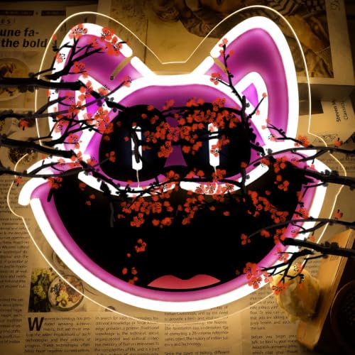 Acrossoce Creepy Wide Smile Purple Cat Neon Sign, Spooky Cartoon Character LED Wall Decor, Gothic Indie Horror Game Light for Kids Boys Gaming Room Studio, Creative Novelty Atmosphere Light