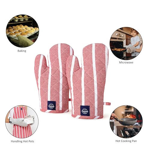Image of Encasa XO Oven Gloves for Microwave (2 pc Set) - Heat Proof, Thick & Safe | Longer 18x30 cm Mittens for Protection in Kitchen Cooking & Baking - Roma Red Stripes