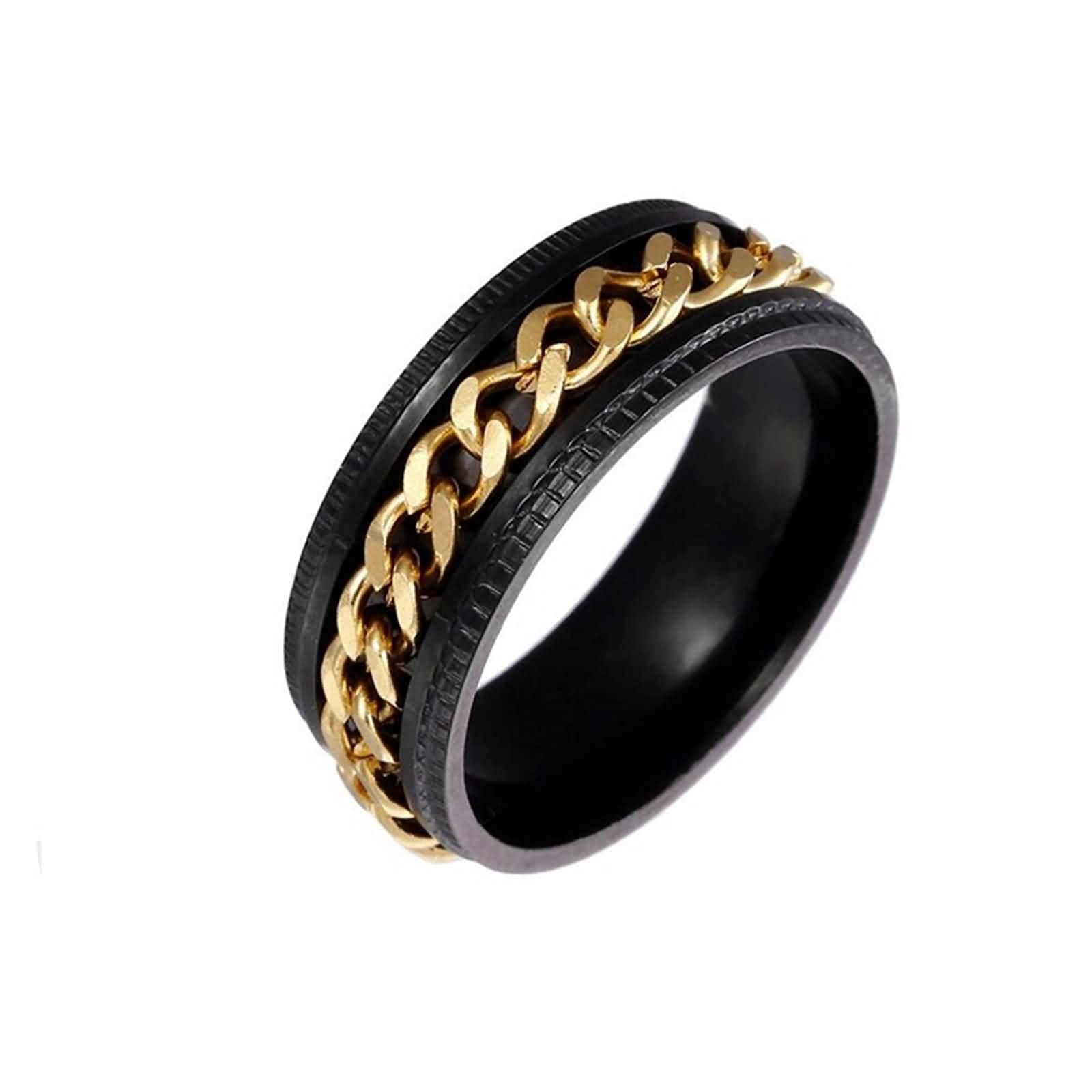 Banemi Anillo Hombre Pareja, Anillo Hombre Acero Inoxidable Prime Cadena En Relieve de 8mm Negro Dorado Anillo de Bodas Talla 12-30 Regalo de San Valentín