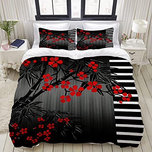 ELIENONO Housse de Couette 200x200cm Asiatique Noir Rouge Bambou Fleur,Parure de Lit 2 Personnes,Imprimé en Microfibre avec 2 Taie d'oreiller 50x75cm