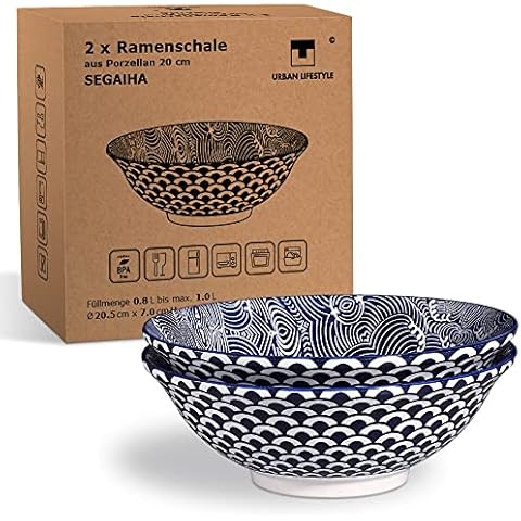 2 x Ramen Bowl Porcelain 20 cm with Blue/White Japanese Seigaiha Pattern Cover