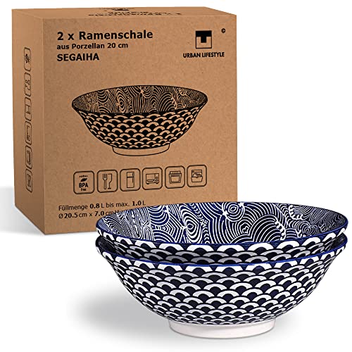 Urban Lifestyle - Set di 2 Ciotole in Porcellana con Motivo Seigaiha, 20 cm, Colore: Blu/Bianco